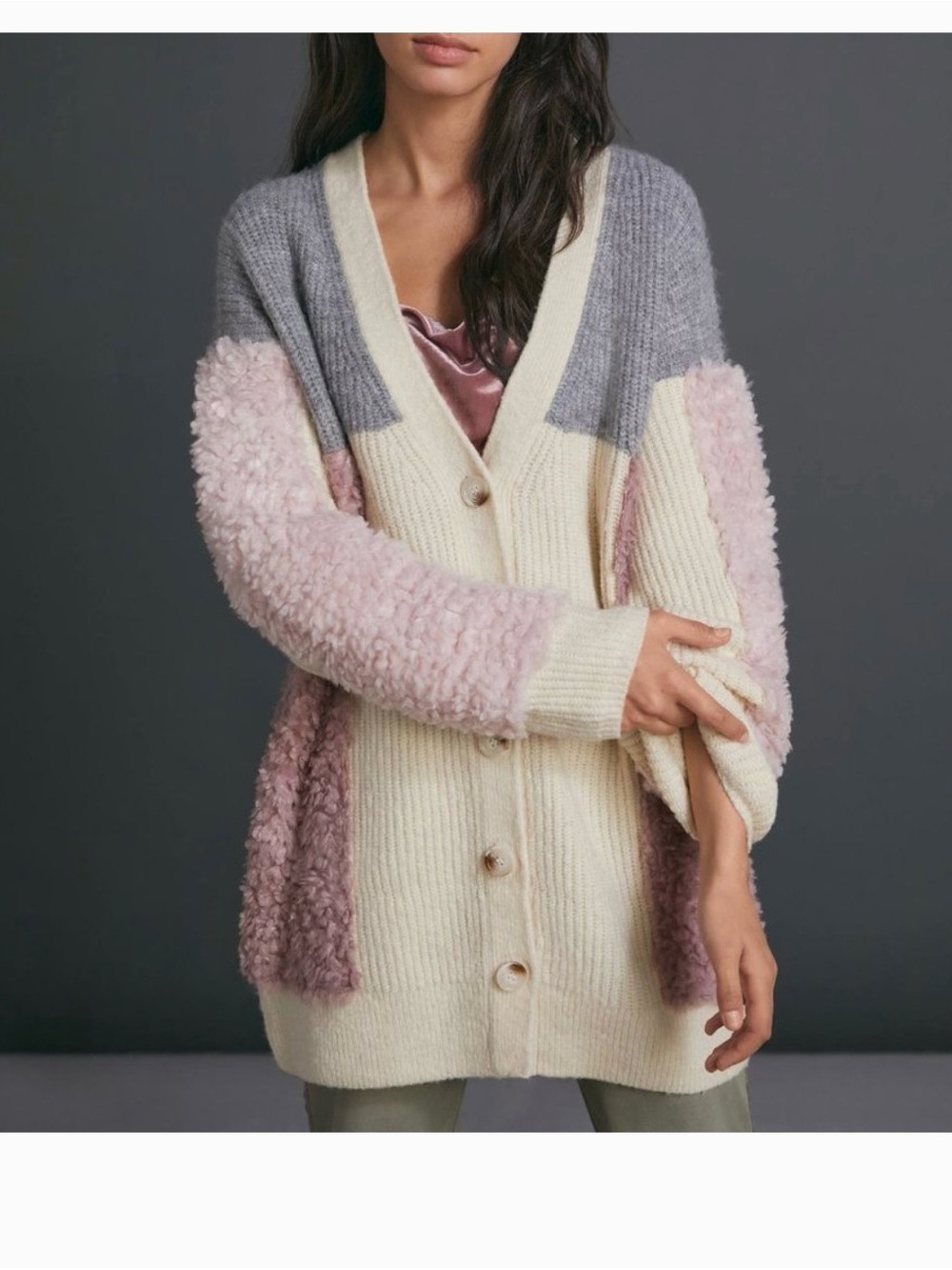 Anthropologie Colorblock Faux Fur Cardigan Sweater Size M Cozy Boho